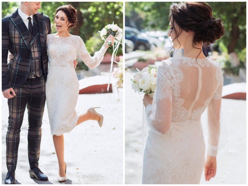 50s wedding dress, lace tea length bridal gown, cocktail or prom midi dress image 1