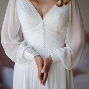Minimalist wedding dress, chiffon maxi gown, V-neck & long puffy sleeves bridal gown, church modest wedding dress