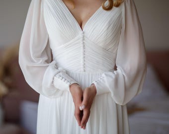 Minimalistische trouwjurk, maxi-jurk van chiffon, bruidsjurk met V-hals en lange pofmouwen, bescheiden kerktrouwjurk
