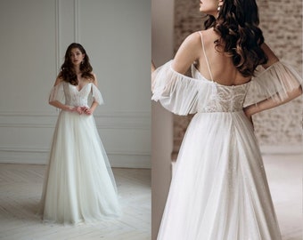 Wedding ruffle dress, deep V-neck sheer dress with train, bohemian lace bridal gown