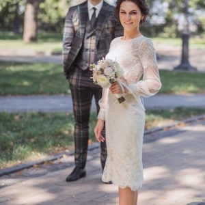 50s wedding dress, lace tea length bridal gown, cocktail or prom midi dress image 1