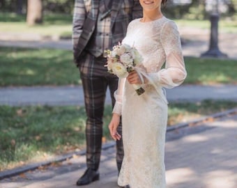 50s wedding dress, lace tea length bridal gown, cocktail or prom midi dress