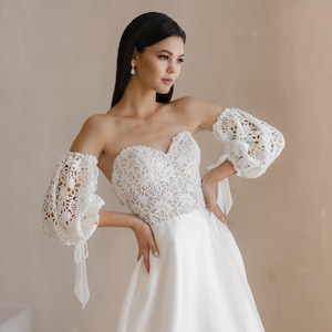 Unique Wedding dress with Pockets, Ivory laces bodice bridal gowns, Puffy sleeves wedding dress, Square neck wedding gown