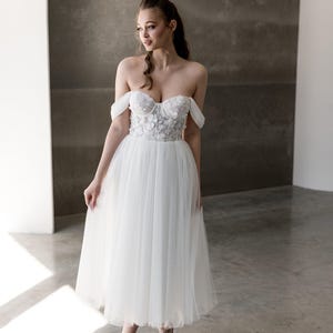 Off-shoulder corset midi wedding dress, bridal gown, tea-length skirt dress, civil ceremony wedding dress