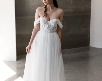 Vestido de novia corsé con hombros descubiertos: encaje guipur, largo midi.