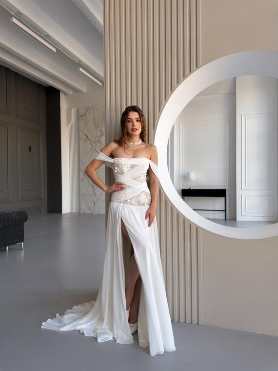 off the shoulder draped wedding dress Off-Shoulder Crepe Fit & Flare Wedding Dress