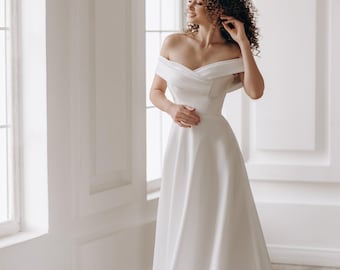 Minimalist Wedding Dress: Off-Shoulder V-Neck Mikado Bridal Gown