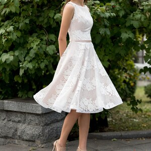 1950s wedding dress, lace A line bridal gown, sleeveless floral prom dress, tea length satin cocktail dress image 3