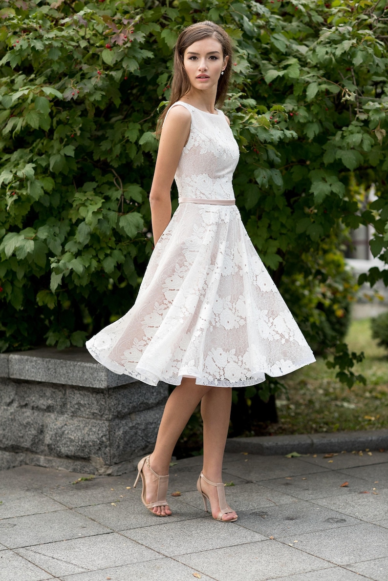 1950s wedding dress, lace A line bridal gown, sleeveless floral prom dress, tea length satin cocktail dress image 3