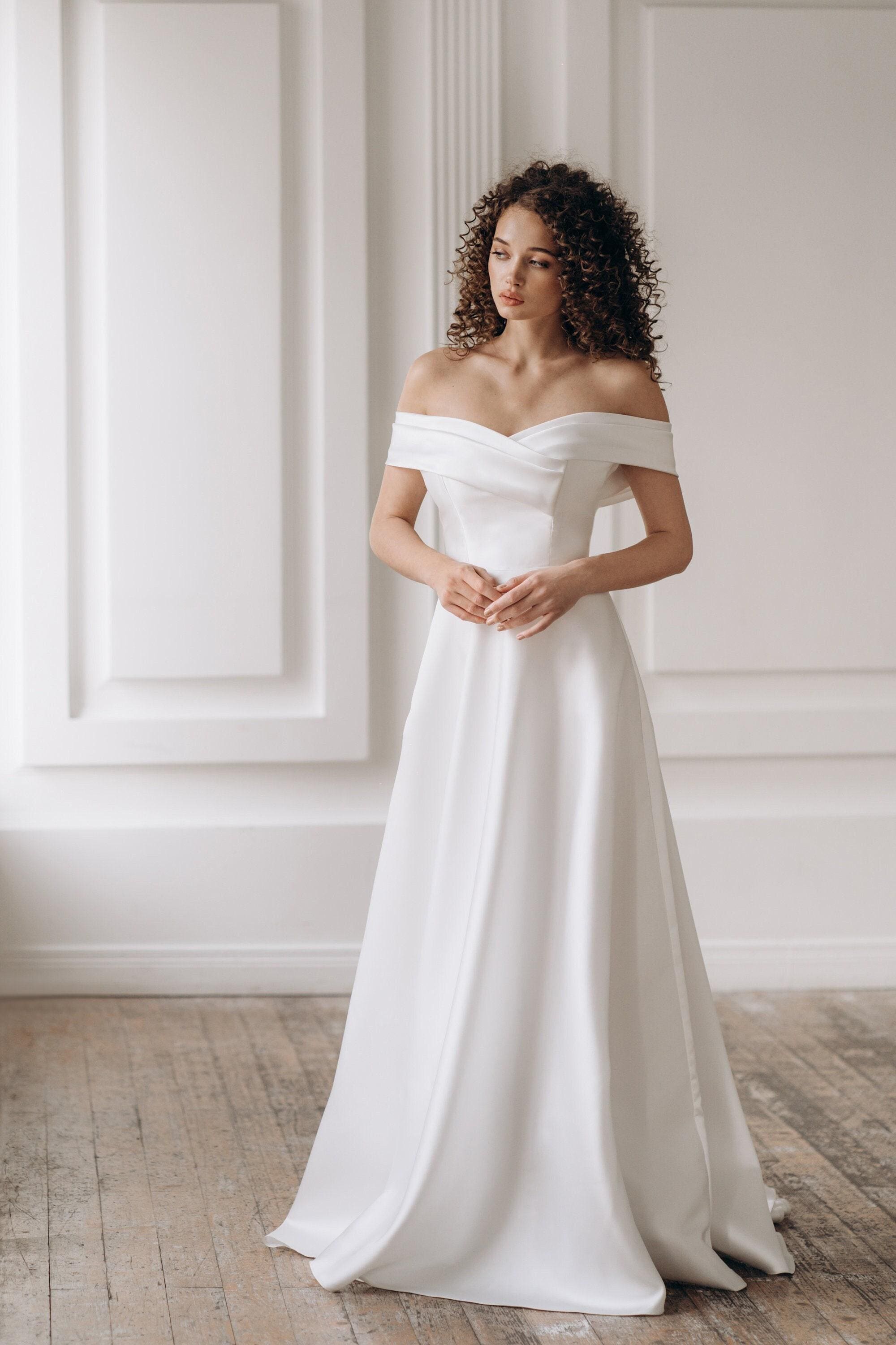 v neck off shoulder wedding dress Sparkly Off-Shoulder Floral Embroidered Lace Sweep Train Wedding Dress with High Slit S3088W - Wedding Dresses