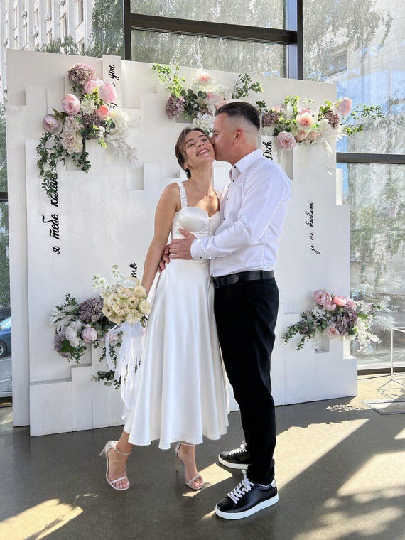 midi wedding dresses for over 50s 50s Style Satin Wedding Dress: Tea Length Midi Bridal Gown