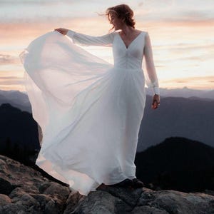 Viola chiffon minimalist wedding dress, V-neck & long puffy sleeves bridal gown, church modest wedding dress, wedding maxi gown