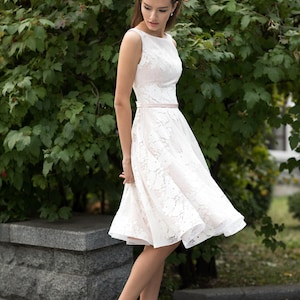 1950s wedding dress, lace A line bridal gown, sleeveless floral prom dress, tea length satin cocktail dress image 4