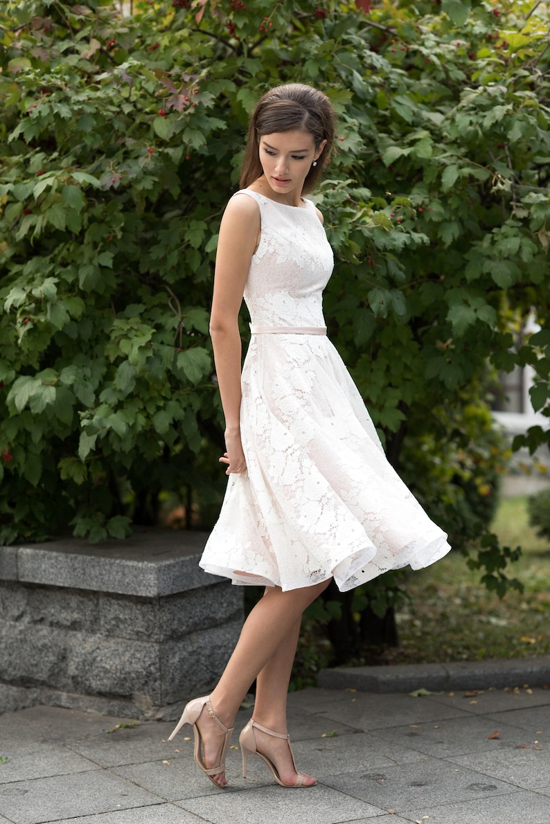 1950s wedding dress, lace A line bridal gown, sleeveless floral prom dress, tea length satin cocktail dress image 4