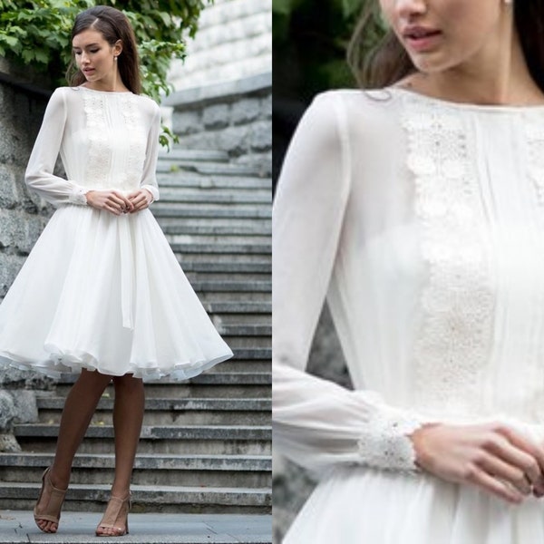 Short wedding dress, lace prom or cocktail dress, romantic stylish 50s bridal gown, long sleeve chiffon gown, winter wedding modest dress