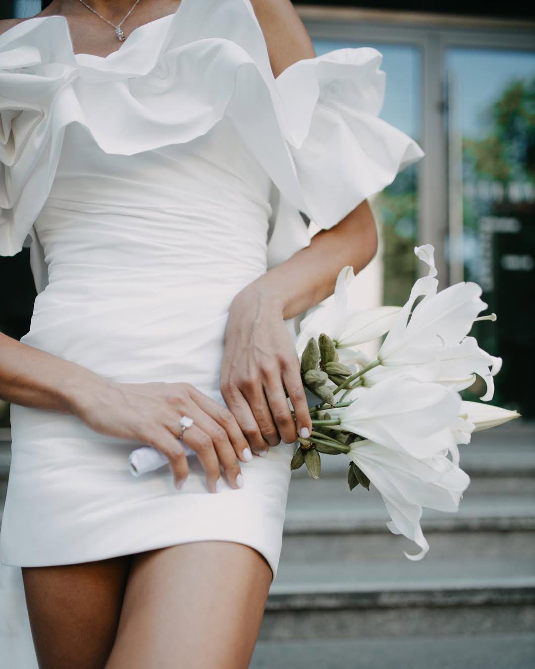 short wedding dress with bolero Short Wedding Dress With Detachable Train & Bolero: Modern City Bride