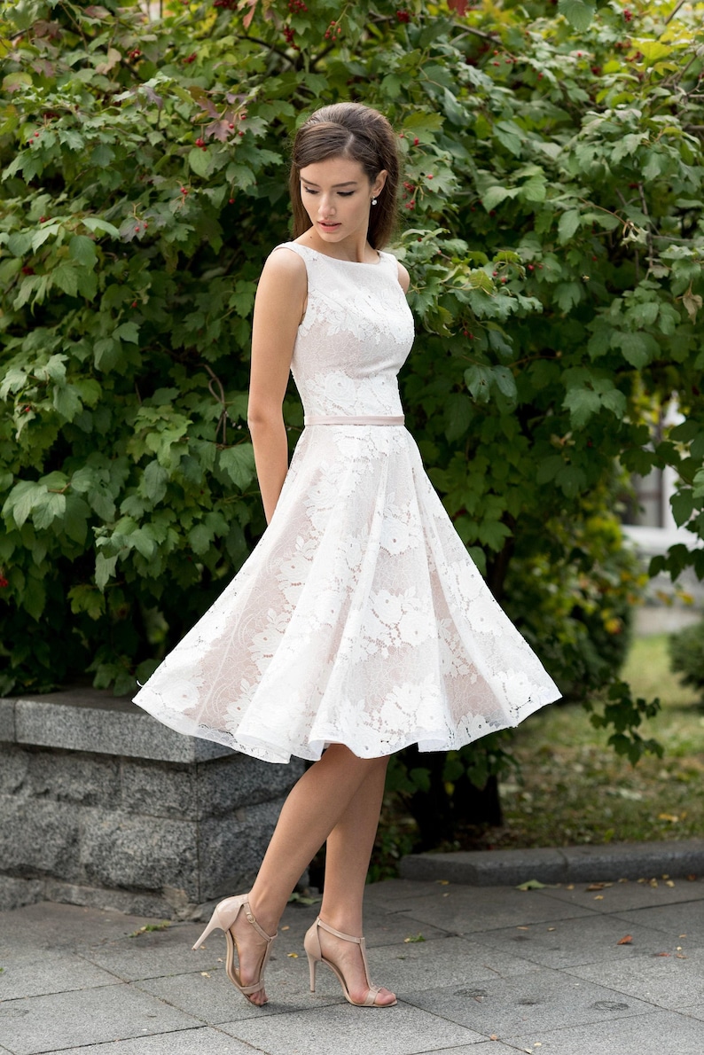 1950s wedding dress, lace A line bridal gown, sleeveless floral prom dress, tea length satin cocktail dress image 1
