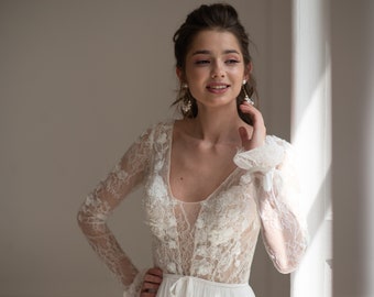 Boho wedding dress, rustic floral bridal gown, long sleeve lace dress