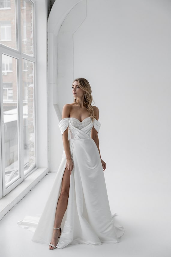 Off-Shoulder Bohemian Wedding Gown: Slit A-Line Skirt, Crystal Embroidery