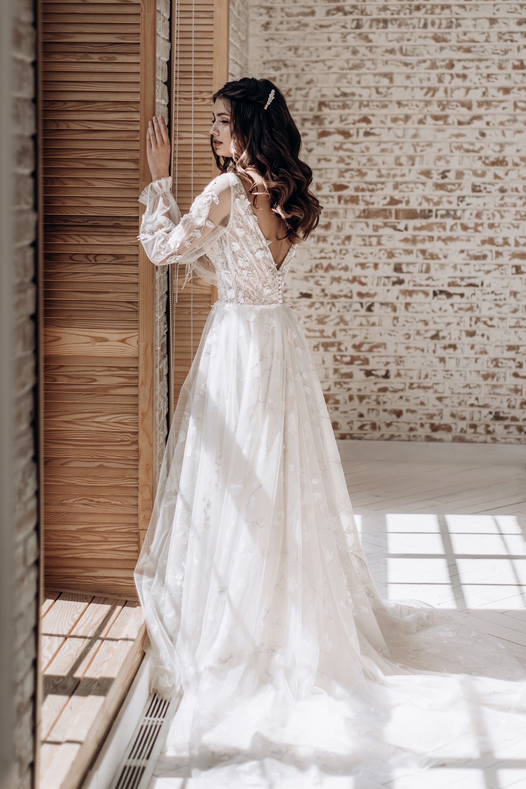 Lace Wedding Dress V-neck & Long Sleeves Bridal Gown - Etsy UK