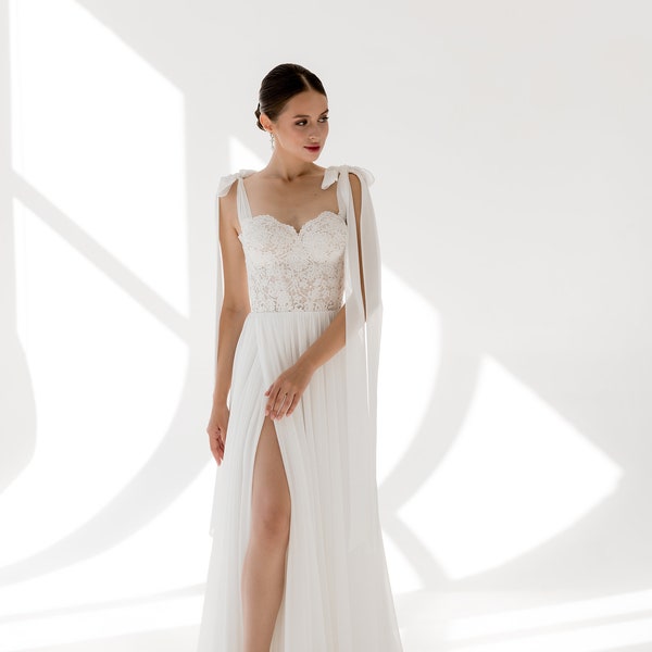 Sweetheart wedding dress, slit chiffon skirt A-line gown, bohemian romantic wedding