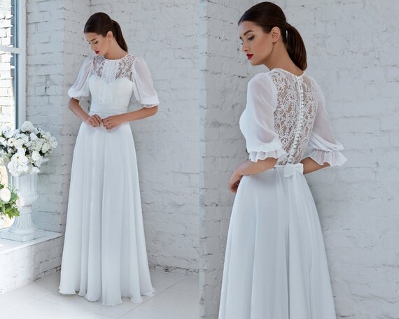 Modest Wedding Dress Delicate Rustic Bridal Gown Romantic Etsy