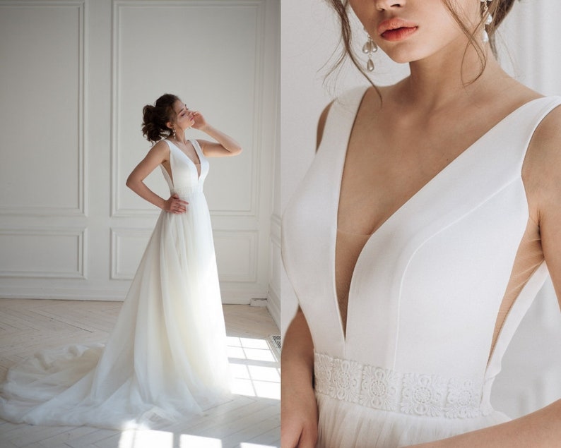 Embroidered satin wedding dress, reception bridal gown, V-neck minimalist lace dress, elegant bohemian bride image 1