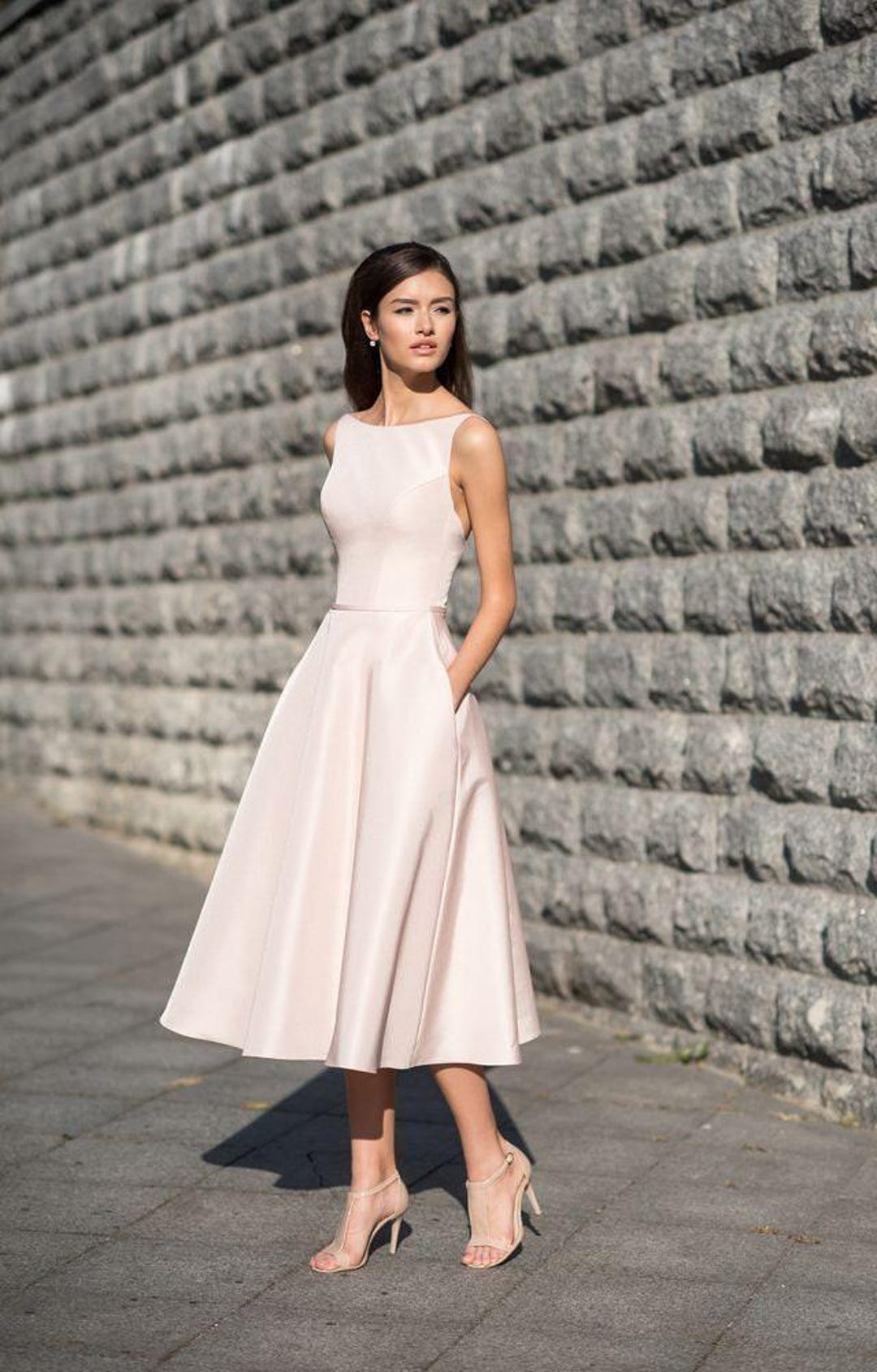 Tea Length Wedding Dress, 50s Bridal Midi Gown, Satin Modest Reception  Dress