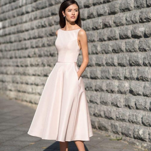Tea Length Wedding Dress, 50s Bridal Midi Gown,, Satin Modest Reception Dress