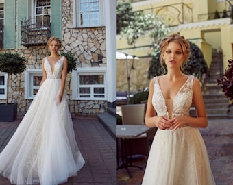 Lace wedding dress, bohemian bride, A-line sexy reception dress,  ivory bridal summer gown, open back sleeveless dress, boho wedding