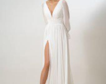 Long Sleeve Chiffon Wedding Dress: V-Neck Slit Skirt Bridal Gown