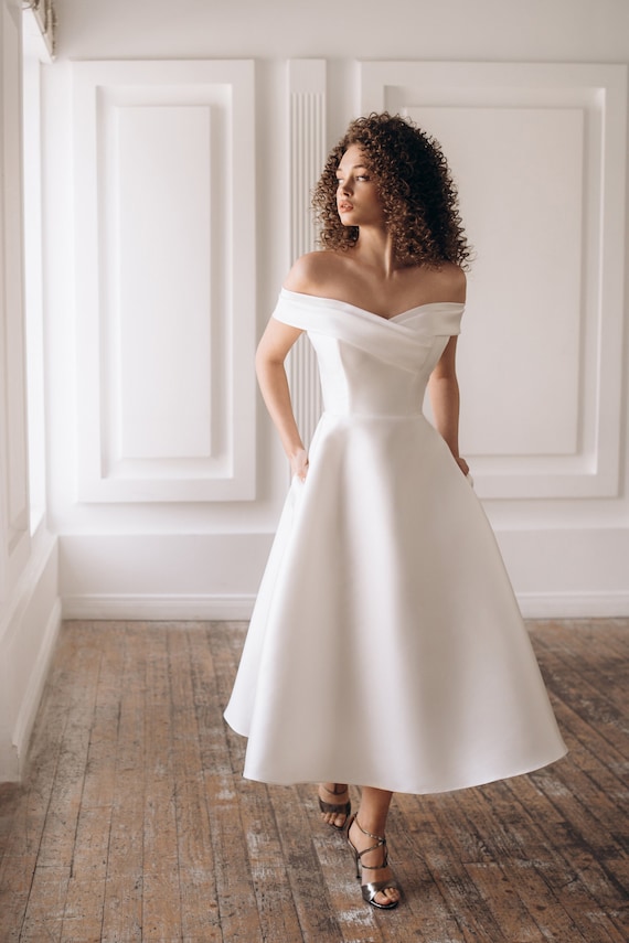 50s Wedding Dress, Minimalist Satin Bridal Gown, Tea Length Cocktail or  Prom Dress 