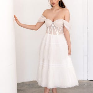 Midi corset wedding dress, tulle bridal gown, tea-length skirt dress, elopement wedding dress
