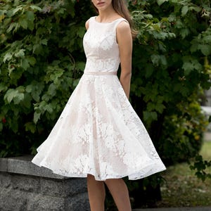 1950s wedding dress, lace A line bridal gown, sleeveless floral prom dress, tea length satin cocktail dress image 5