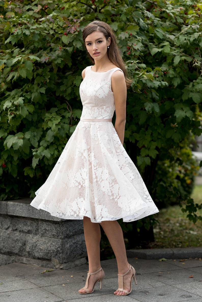 1950s wedding dress, lace A line bridal gown, sleeveless floral prom dress, tea length satin cocktail dress image 5