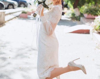 50er Jahre Hochzeitskleid, langes Brautkleid aus Spitze, Cocktail- oder Abiballkleid in Midilänge