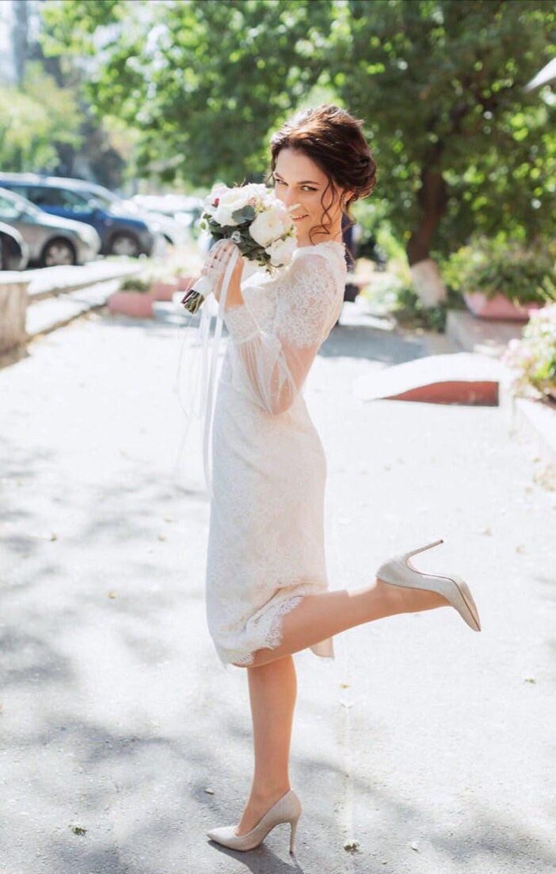 50s wedding dress, lace tea length bridal gown, cocktail or prom midi dress image 2