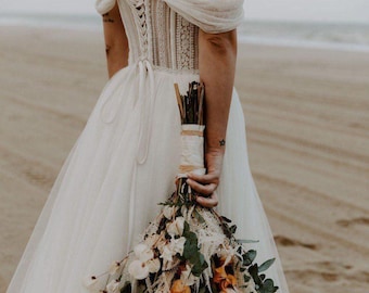 Bali Brautkleid, Sommer-Strand-Vibe Brautkleid, fließendes Hochzeitskleid schulterfrei, figurbetontes A-Linie-Prinzessinnenkleid