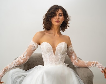 Einzigartiges Brautkleid mit abnehmbaren Ärmeln, Korsett-Brautkleider, Sweetheart-Ausschnitt Brautkleid