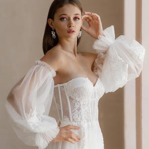 Chiffon maxi wedding dress, bohemian long sleeves dress, lace reception gown, tulle corset gown, wedding beach dress