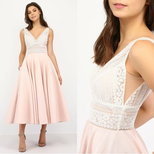 Pink cocktail dress, alternative wedding gown, lace bridal shower dress