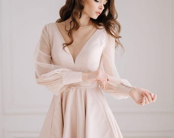 Dusty Pink Elopement Dress: Lace Pearl Beaded Long Sleeve, Tea-Length