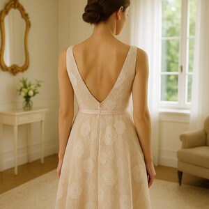 1950s wedding dress, lace A line bridal gown, sleeveless floral prom dress, tea length satin cocktail dress image 9