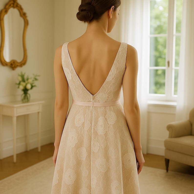 1950s wedding dress, lace A line bridal gown, sleeveless floral prom dress, tea length satin cocktail dress image 9