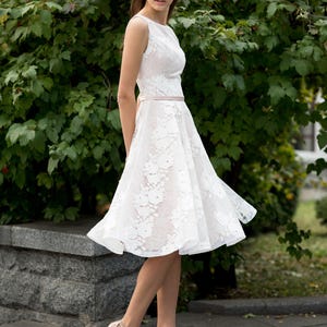 1950s wedding dress, lace A line bridal gown, sleeveless floral prom dress, tea length satin cocktail dress image 6