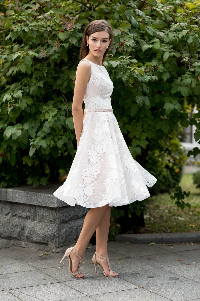 1950s wedding dress, lace A line bridal gown, sleeveless floral prom dress, tea length satin cocktail dress image 6