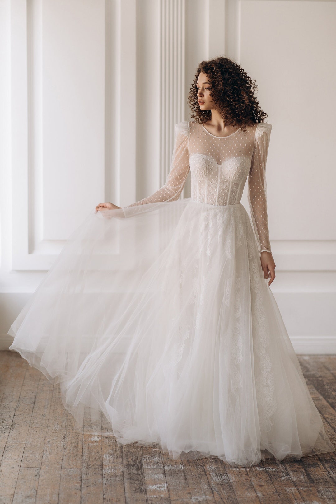 Lace Wedding Dress, Delicate Tulle Bridal Gown, Long Sleeves Dress ...