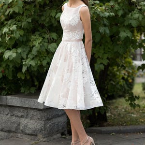1950s wedding dress, lace A line bridal gown, sleeveless floral prom dress, tea length satin cocktail dress image 2
