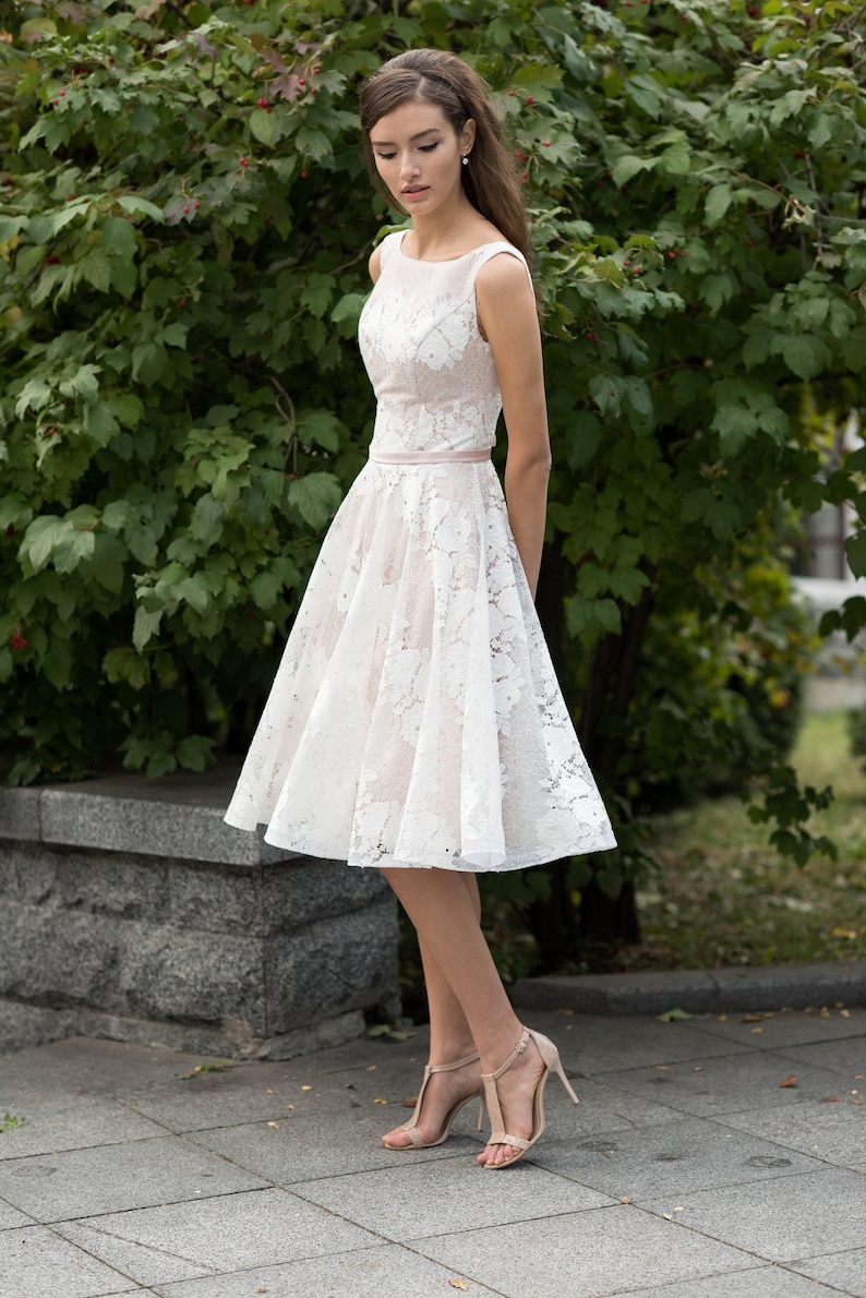 1950s wedding dress, lace A line bridal gown, sleeveless floral prom dress, tea length satin cocktail dress image 2