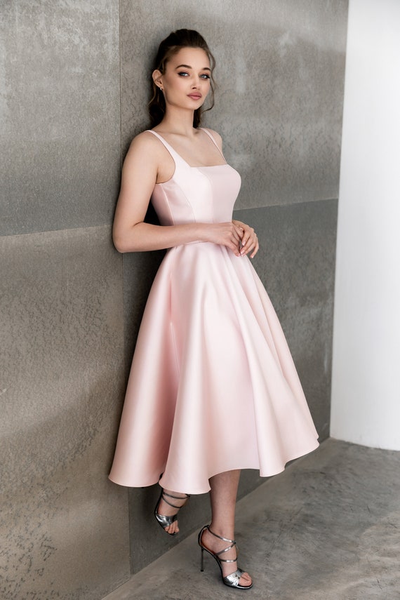 Blush Pink Wedding Dress Satin Bridal Gown Tea length Skirt Dress Elopement Wedding Dress Etsy UK